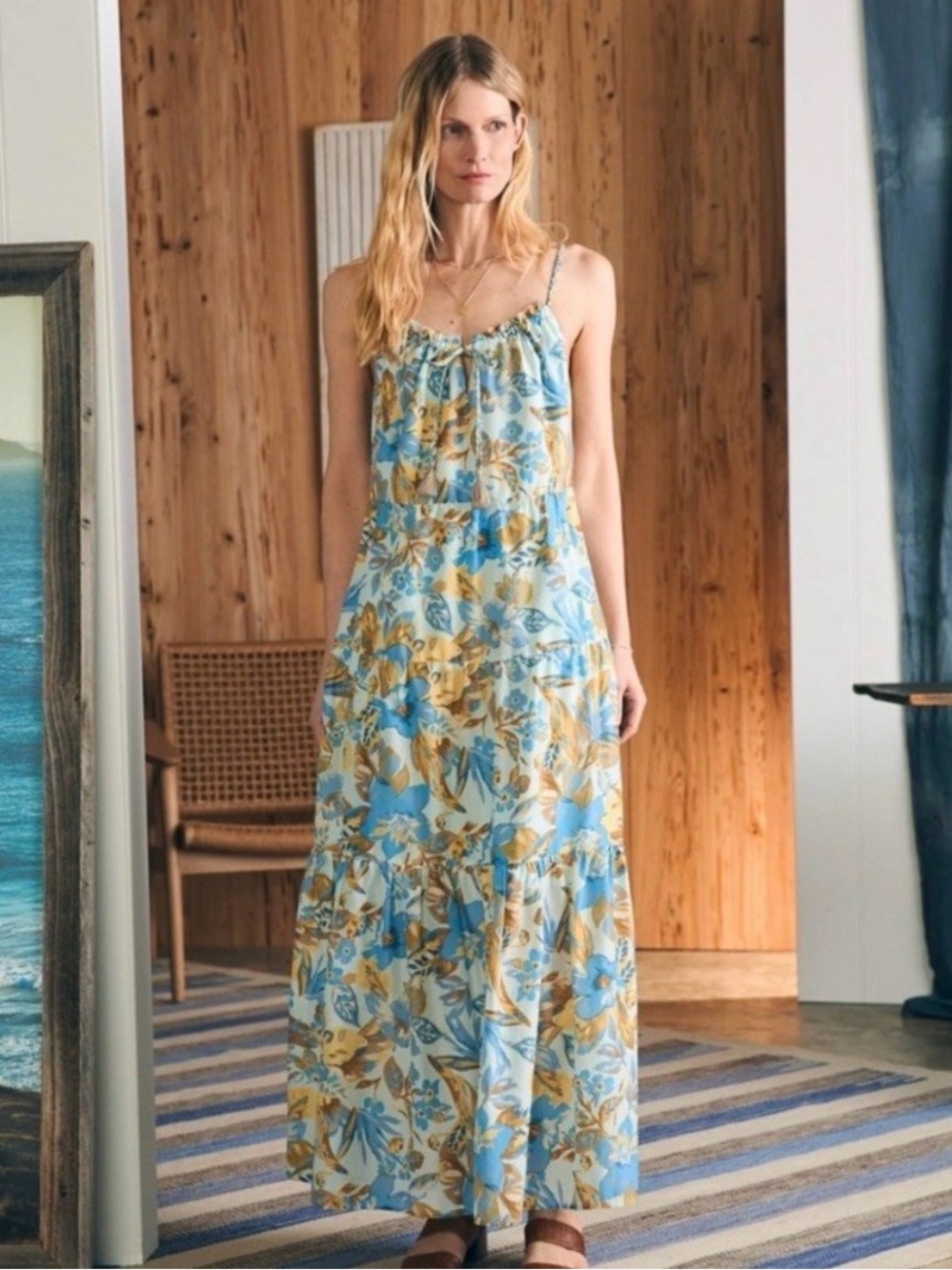 Faherty Sun Chaser Maxi Dress Large Blue Floral Silk Blend Boho Sleeveless NWT